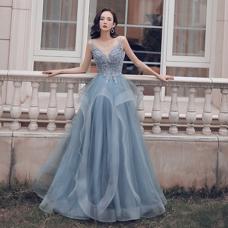 Blue v neck tulle lace long prom dress  8221