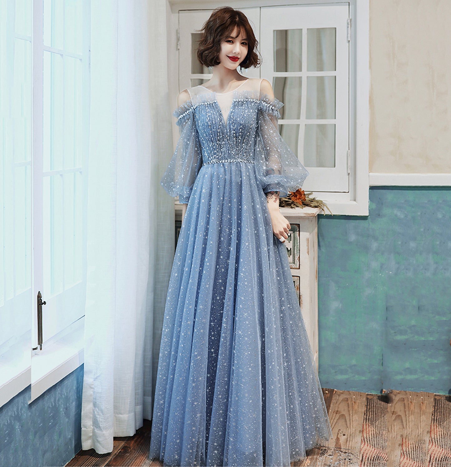 Blue tulle long prom dress A line evening gown  8955