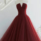 Burgundy tulle long prom dress A line evening gown  10563