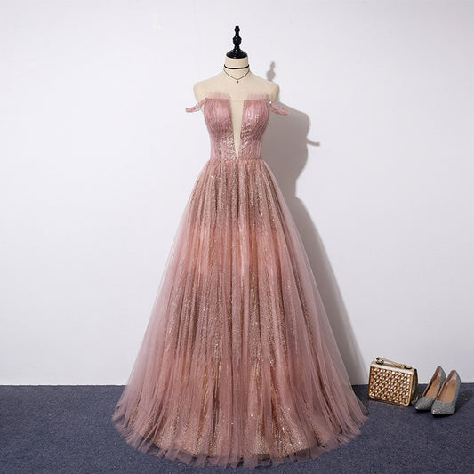 Sparkling pink tulle sequins long prom dress, evening dress  8104