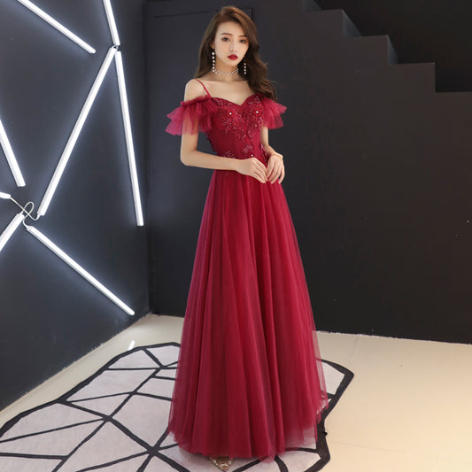 Burgundy tulle lace long prom dress, burgundy evening dress  7967