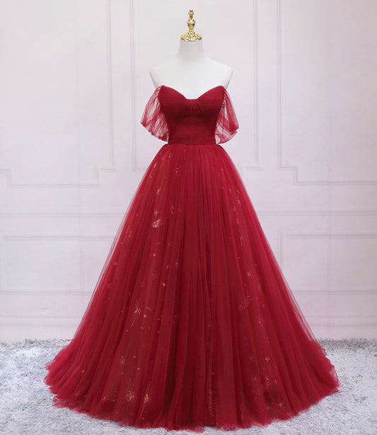 Robe de soirée longue en tulle rouge à paillettes Robe de soirée trapèze 10569