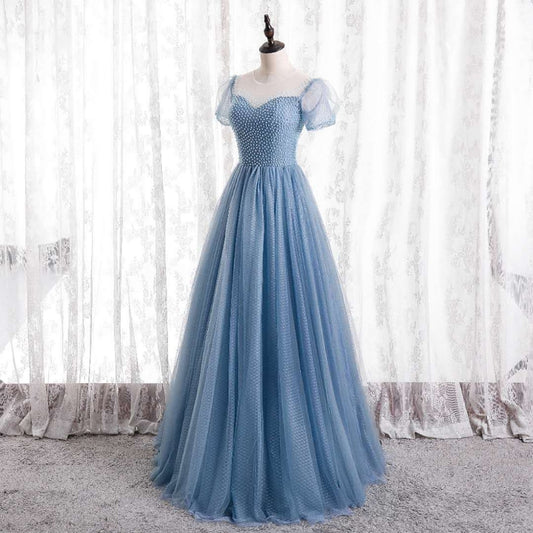 Blaues langes Ballkleid aus Tüll in A-Linie blaues Abendkleid 8728