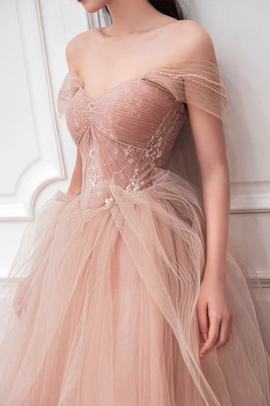 Pink tulle long prom dress pink evening dress  10589