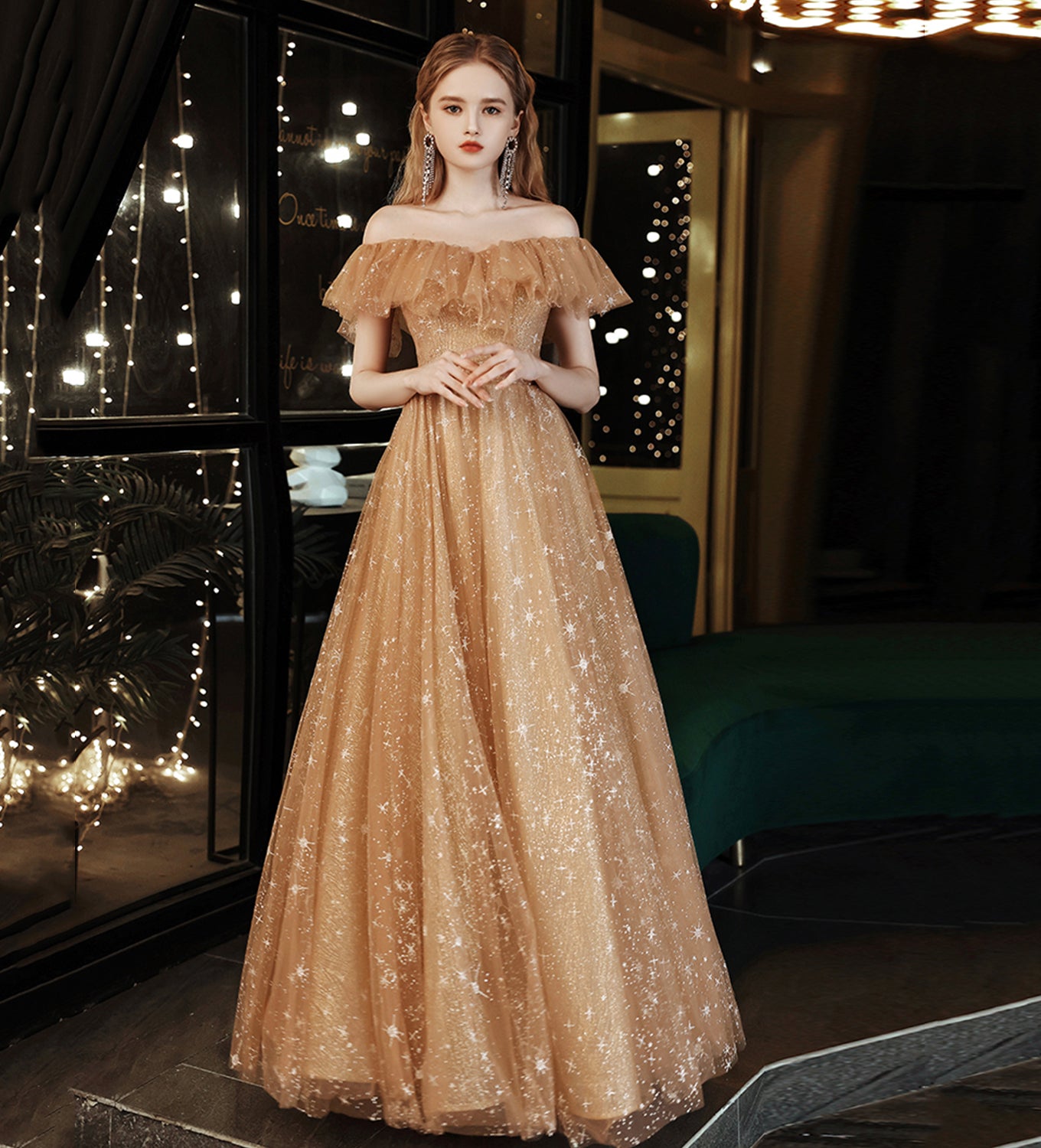 Gold tulle sequins long prom dress evening dress  8508