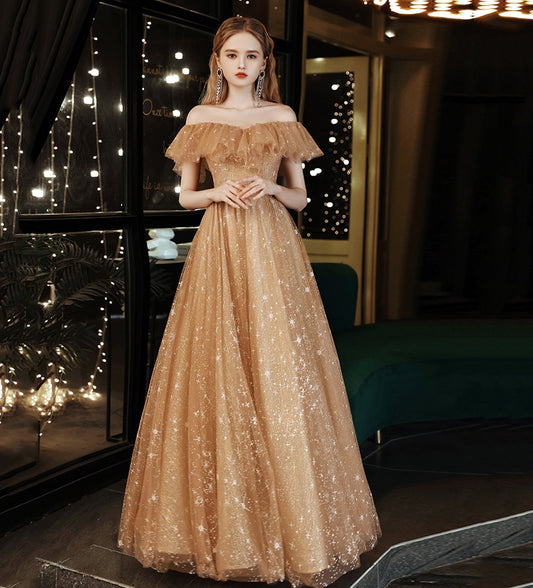 Gold tulle sequins long prom dress evening dress  8508