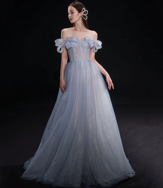 Robe de soirée longue en tulle bleu avec ligne A 10291