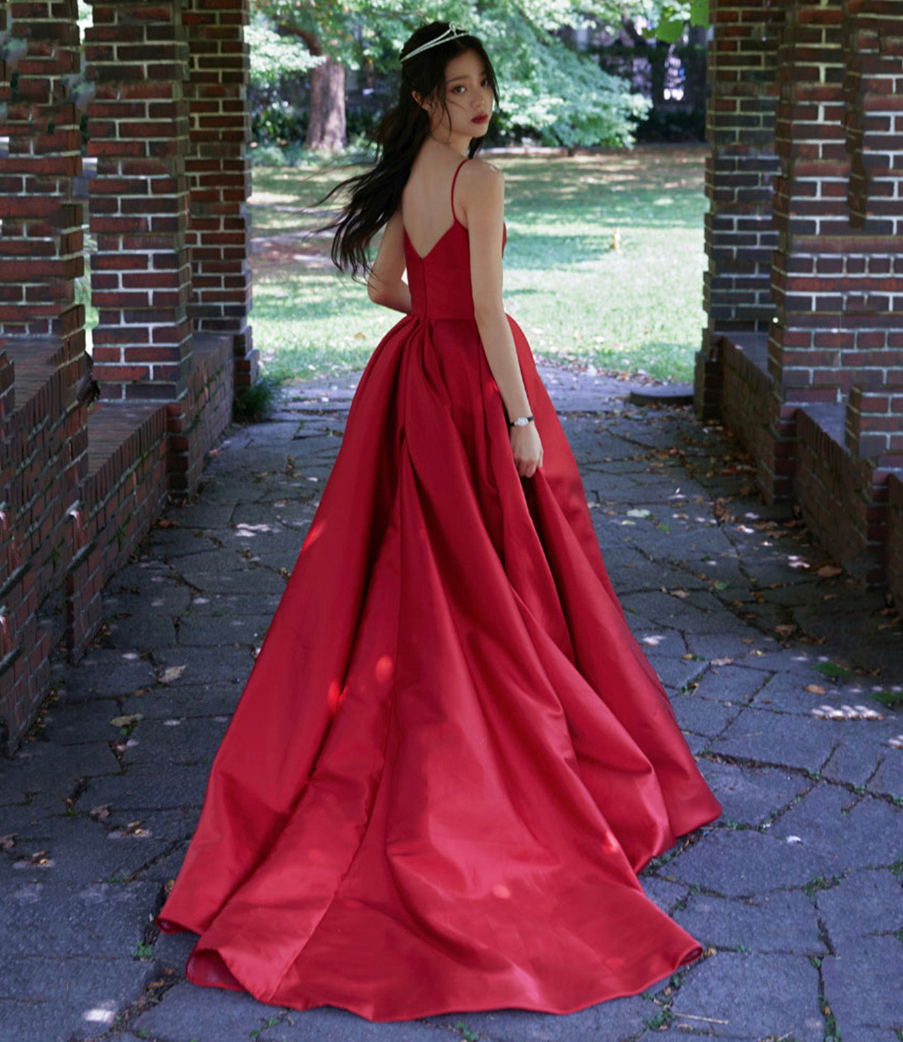 Red satin long prom dress A line evening dress  10567