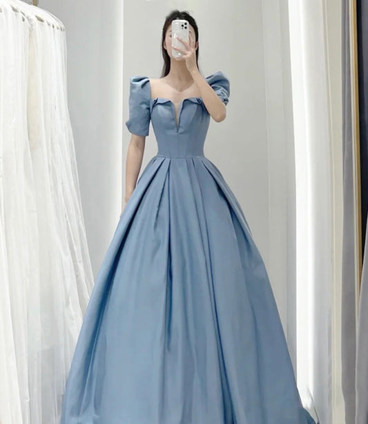 Blaues Satin-Abendkleid mit kurzen Ärmeln und langem A-Linien-Ballkleid 8831