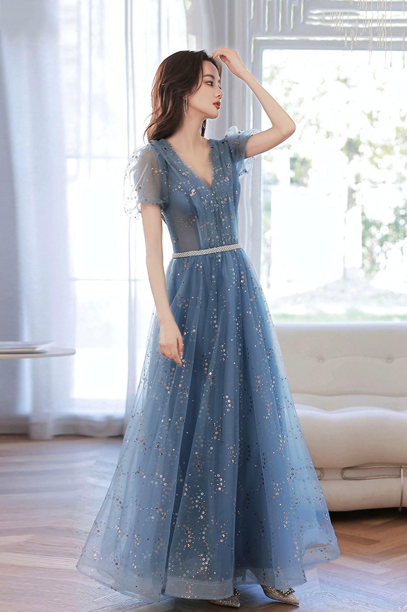 Blue tulle sequins long prom dress blue evening dress  10607