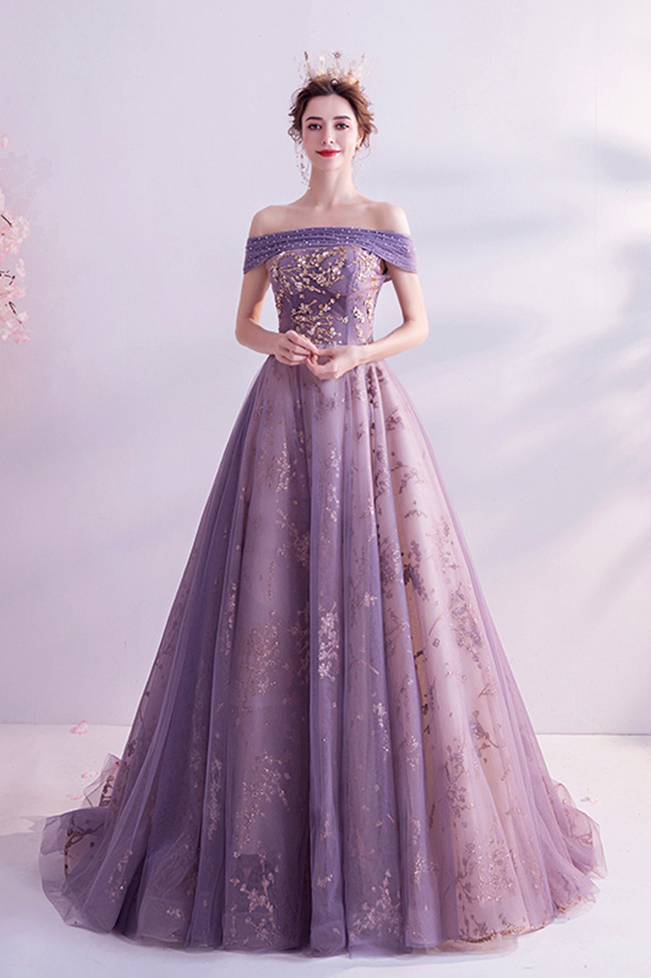 Purple tulle sequins long A line prom dress evening dress  8564