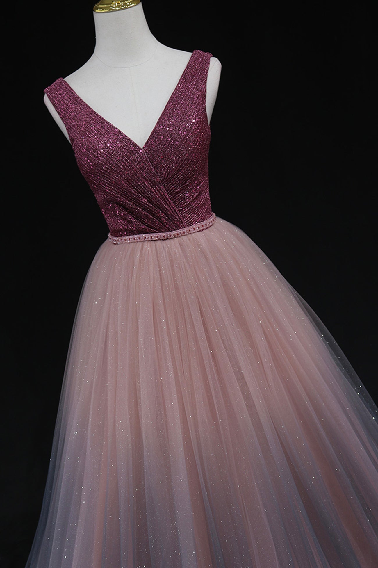 Glänzendes langes Ballkleid aus Tüll mit V-Ausschnitt, formelles Kleid 8602