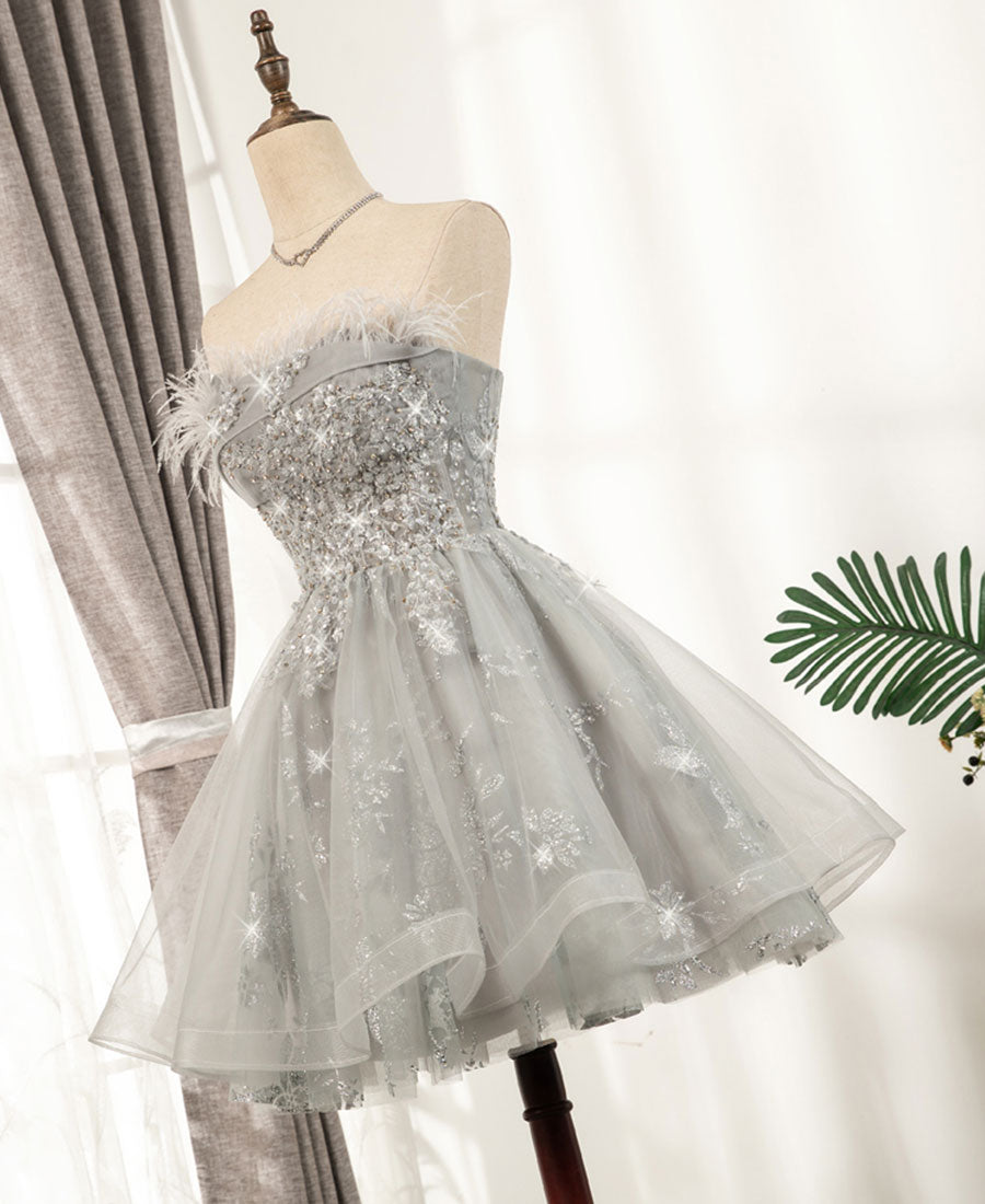 Gray tulle sequins short prom dress  8331