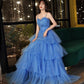Blue tulle long A line prom dress blue evening dress  8906