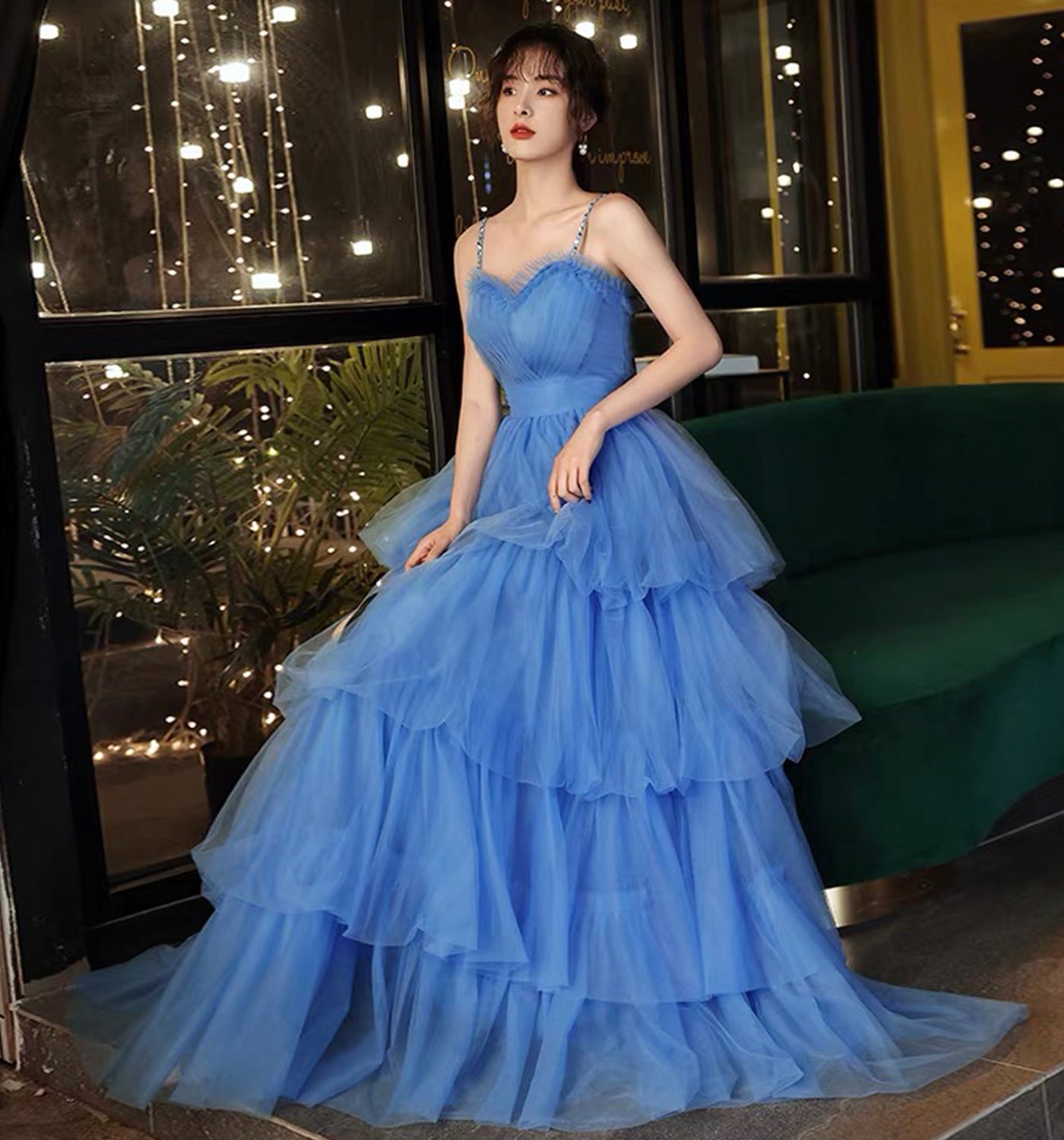 Blue tulle long A line prom dress blue evening dress  8906