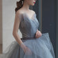 Gray tulle lace long A line prom dress evening dress  8682