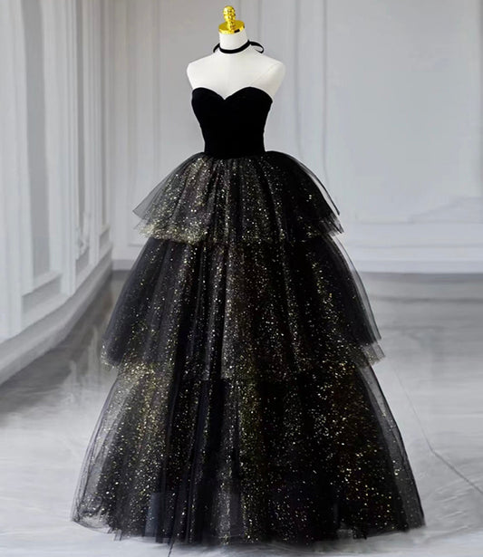 Black velvet tulle long ball gown dress black formal dress  10432