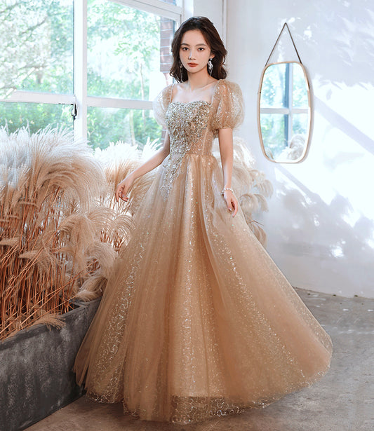 Shiny tulle sequins long prom dress A line evening dress  10389