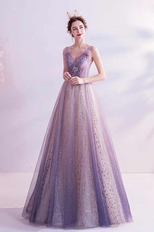 Purple tulle long A line prom dress evening dress  8739
