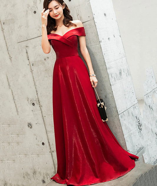 Burgundy satin long prom dress cute evening dress  8468