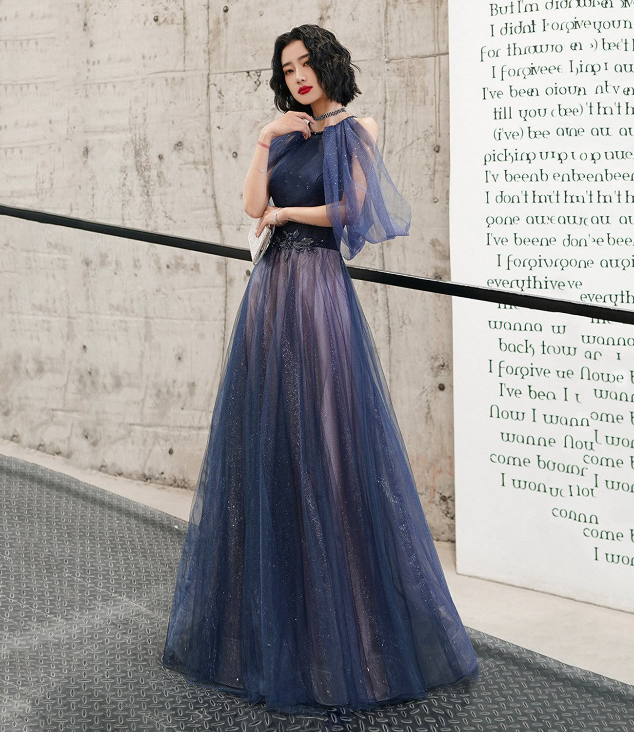 Blue tulle sequins long prom dress blue evening dress  10497