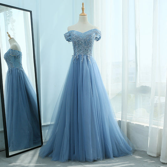 Blue tulle lace long prom dress, blue evening dresses  7960