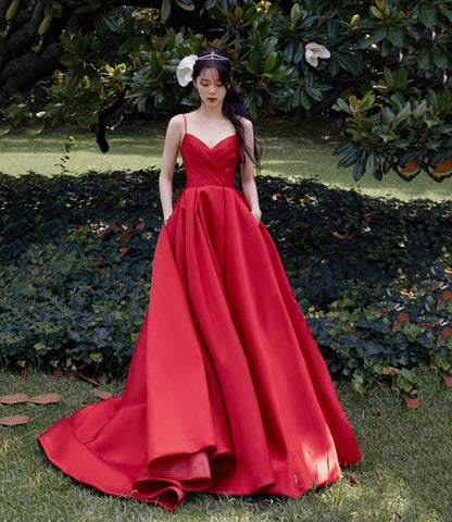 Red satin long prom dress A line evening dress  10567