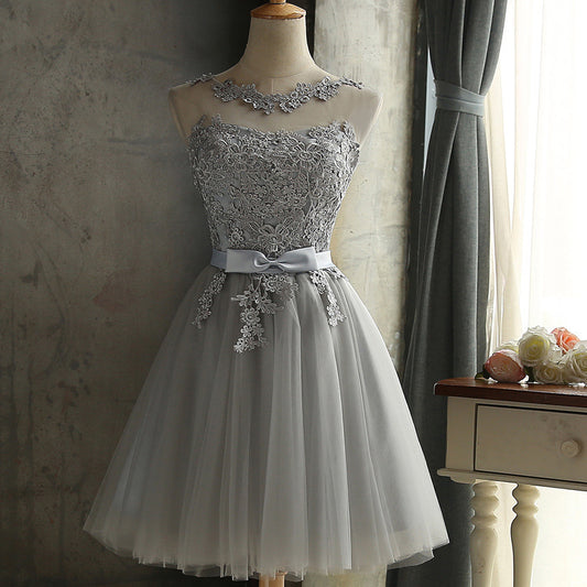 Gray lace short A line prom dress homecoming dress  8411