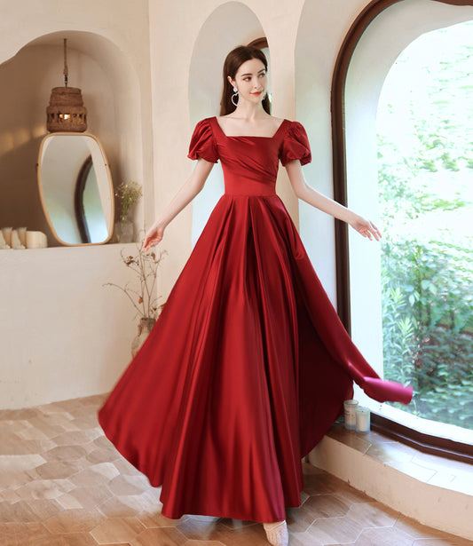 Red satin long A line prom dress red evening dress  10529