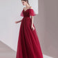 Bugundy velet tulle long prom dress A line evening dress  10553