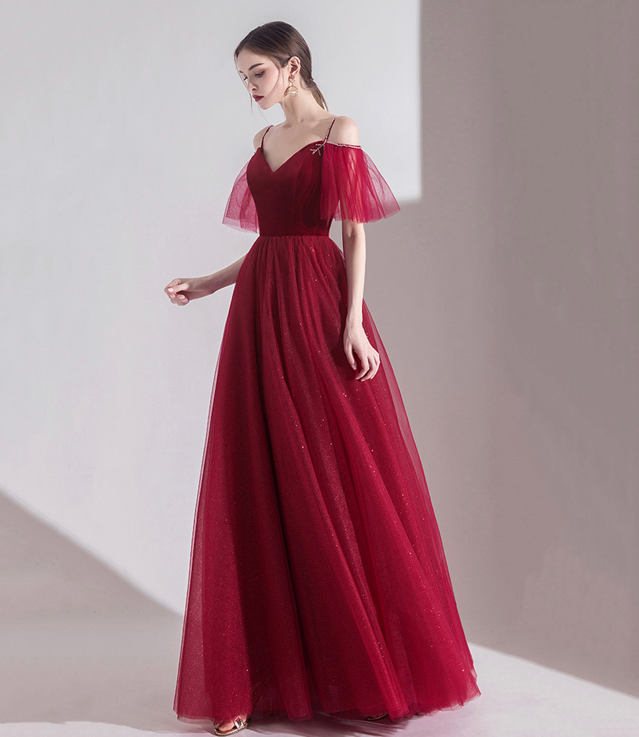 Bugundy velet tulle long prom dress A line evening dress  10553