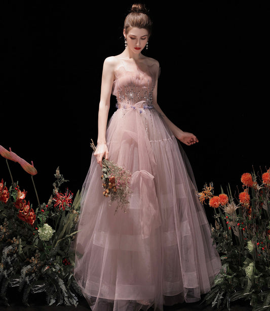 Pink tulle beads long prom dress A line evening dress  10429