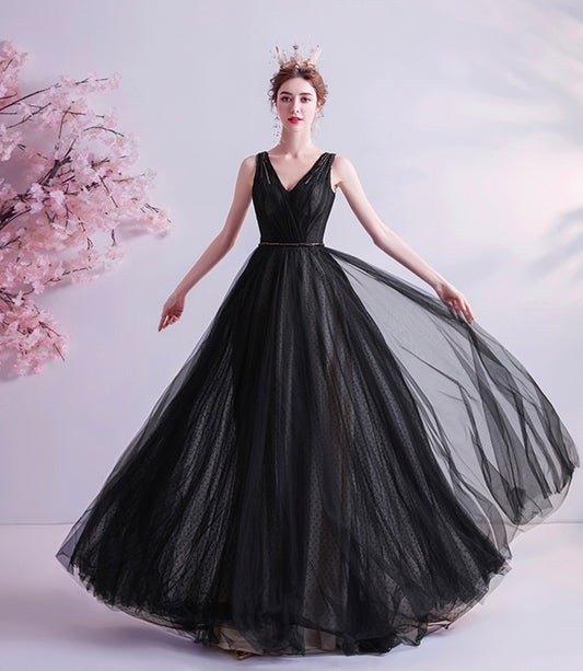 Schwarzes V-Ausschnitt Tüll Perlen Ballkleid Abendkleid 8519