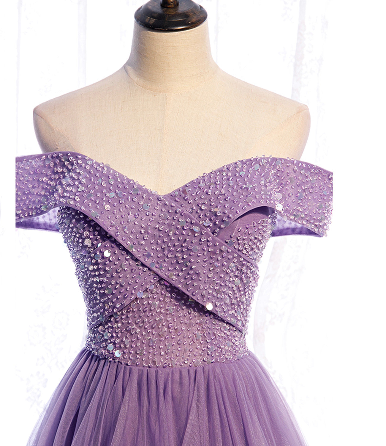 Purple tulle beads long A line prom dress evening dress  8790