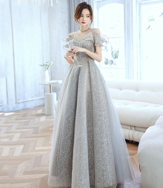 Gray tulle beads long prom dress gray evening gown  10170