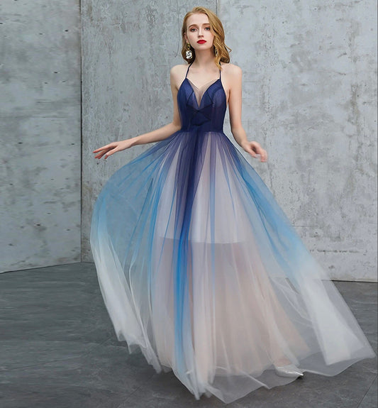 Blue v neck tulle long prom dress blue evening dress  8443