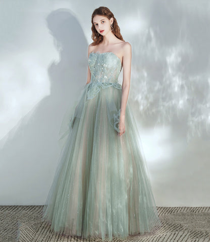 Green tulle lace long prom dress A line evening dress  10379