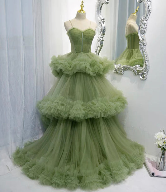 Green tulle long A line prom dress green evening dress  8836