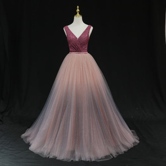 Glänzendes langes Ballkleid aus Tüll mit V-Ausschnitt, formelles Kleid 8602