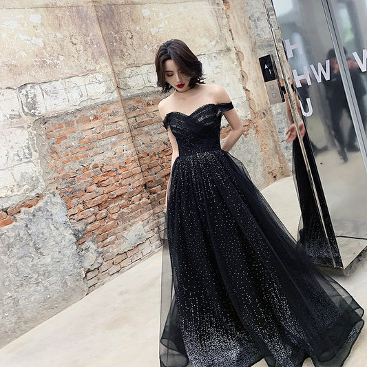 Black tulle sequins long prom dress, off shoulder evening dress  8080