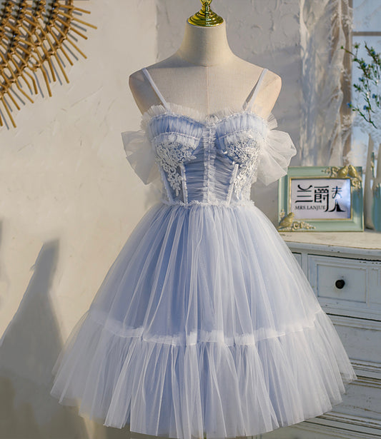 Robe de bal courte en tulle bleu et dentelle 10540