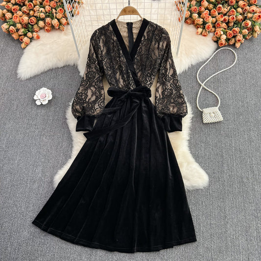 Black V Neck Lace A Line Dress Fashion Dress  10888