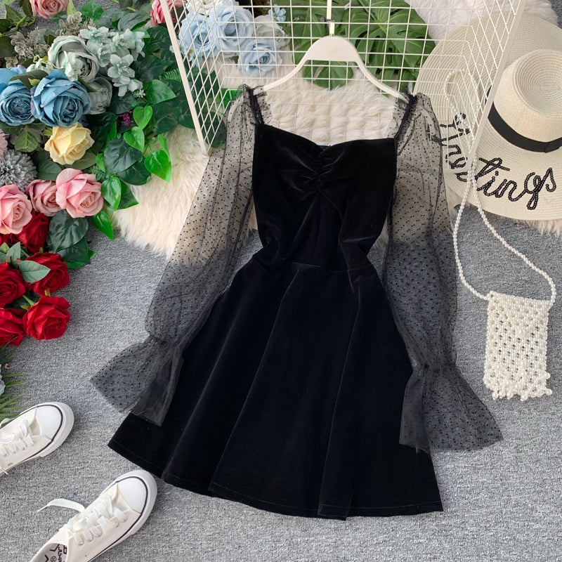 Black Velvet Short Dress Black Fashion Dress  10941