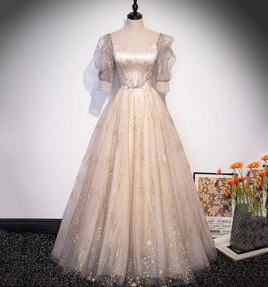 Champagne tulle sequins long prom dress evening gown  10004