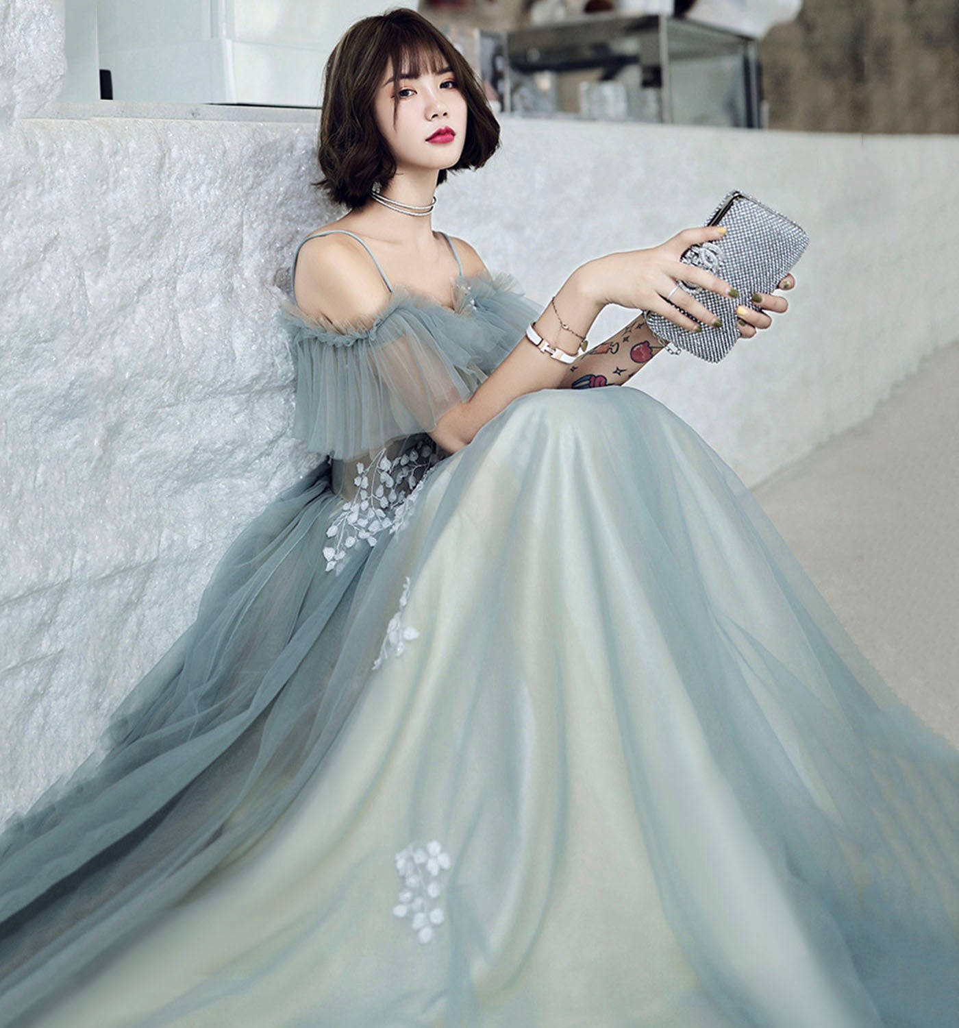 Cute tulle lace long prom dress A line evening dress  8973