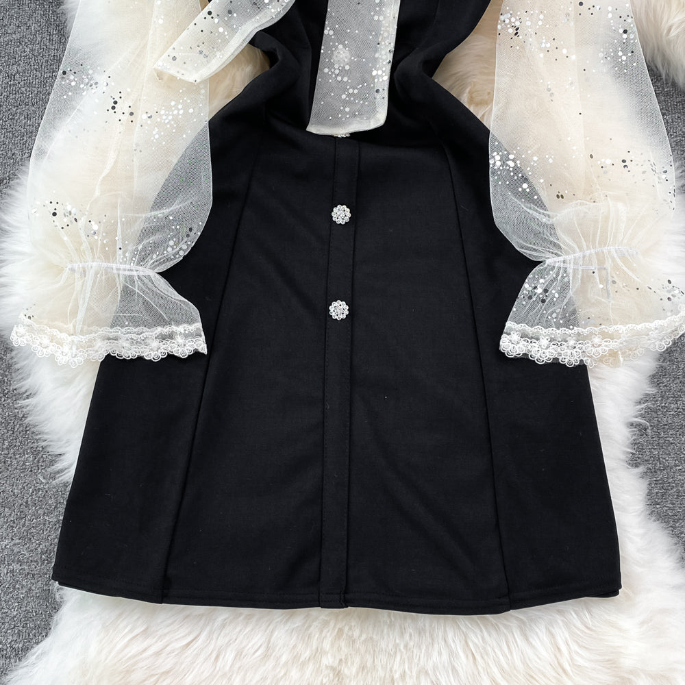 French Hepburn Sequin mesh stitched V-neck small black skirt  11132