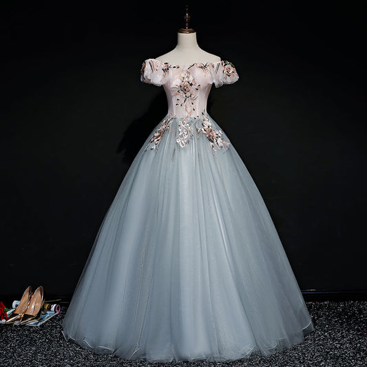 Graues Tüll-Spitzen-Ballkleid-Kleid, lang, formelles Kleid 8722