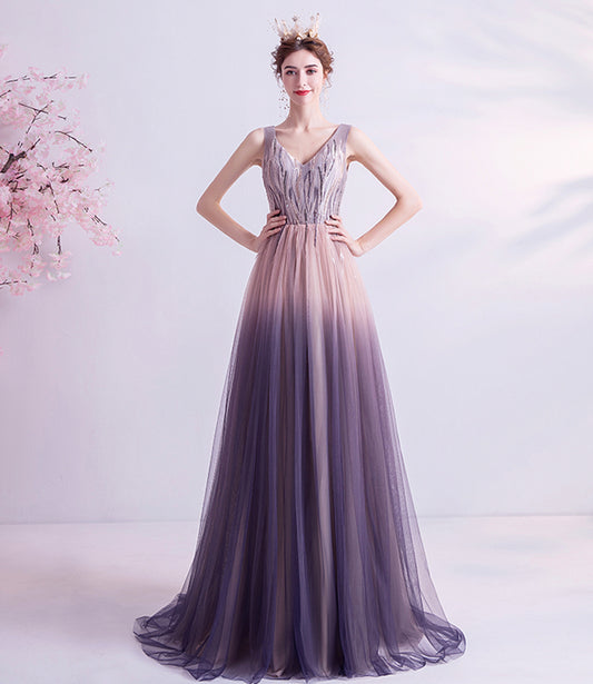 Purple gradient tulle long A line prom dress evening dress  8749