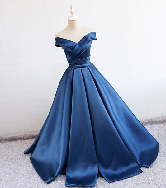 Blaues langes Ballkleid aus Satin mit V-Ausschnitt, blaues Abendkleid 7897
