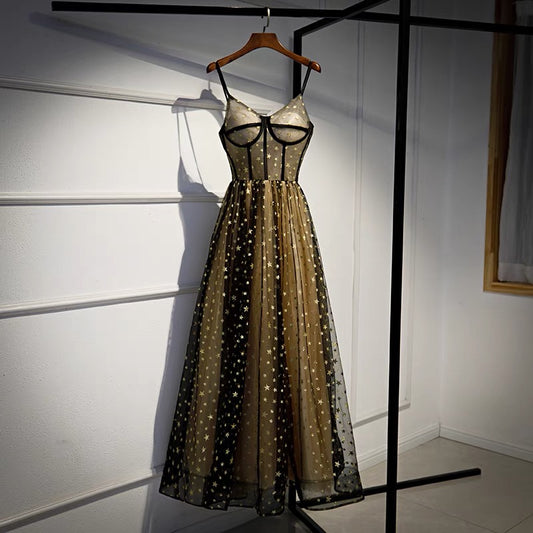 Cute v neck tulle long prom dress with stars evening gown  10089